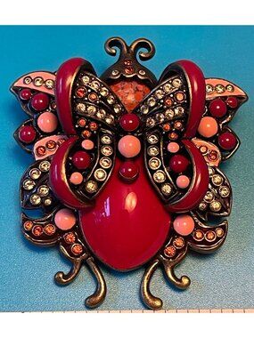 Vintage Joan Rivers Red & Pink Bug Brooch With Rhinestones & Art Glass Figural D